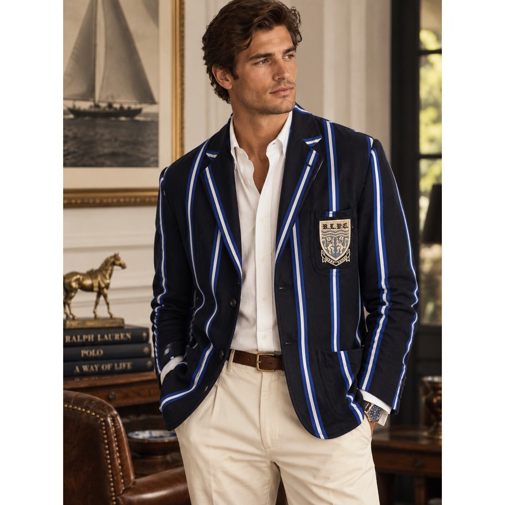 Polo Ralph Lauren Mens XXL Striped RLPC Crest Knit Rowing Blazer Navy Blue